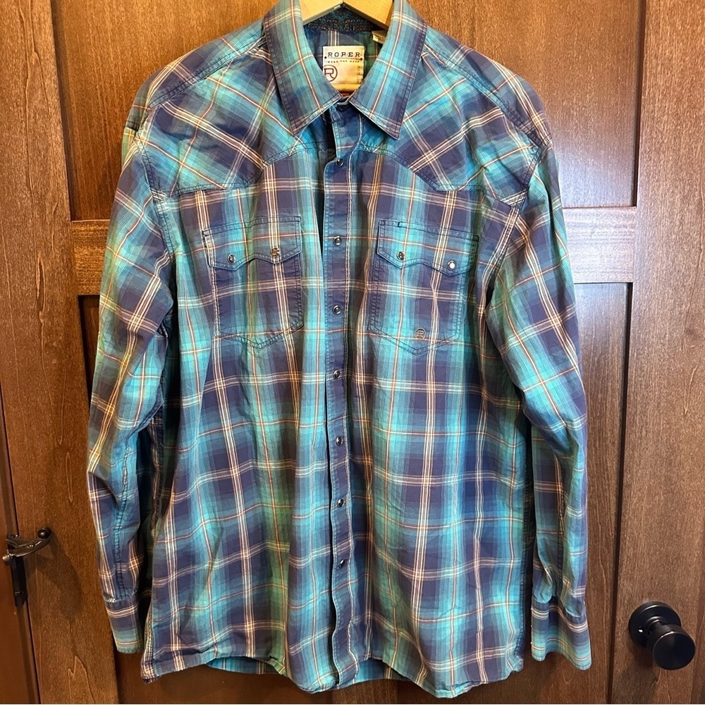 Roper Blue and Green Plaid Casual Button Down Shirt